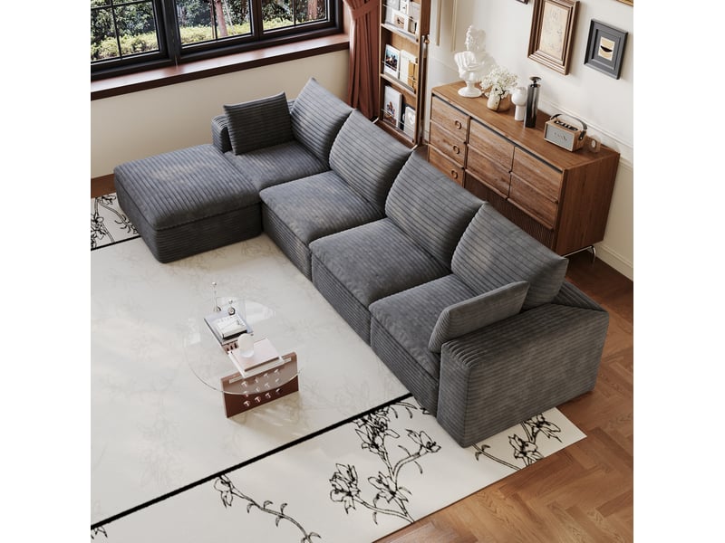 Canapé d’angle modulable modenvie 5 places 340 x 160 x 60 cm en velours côtelé gris foncé avec méridienne gauche  - Conforama D