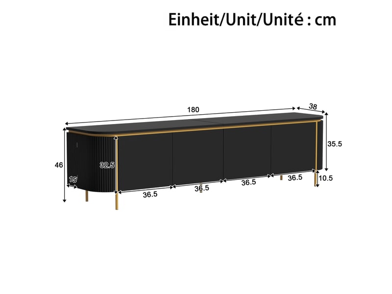  Meuble tv 6 portes avec passe-câbles, extrémités arrondies, pieds en fer, rangement fermé pour salon noir 180 × 38 × 46 cm  - Conforama C