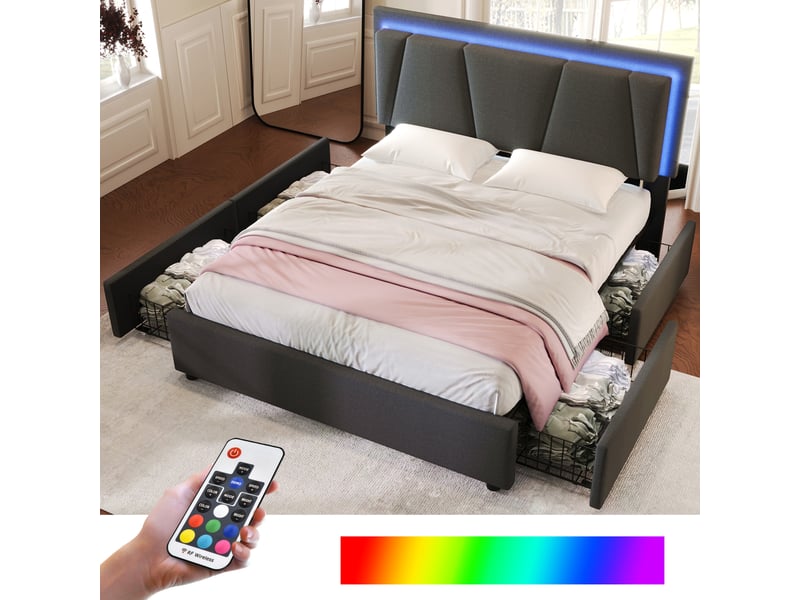  Lit rembourré double 160x200 cm en bois gris avec led, 4 tiroirs, tête réglable et matelas inclus  - Conforama E