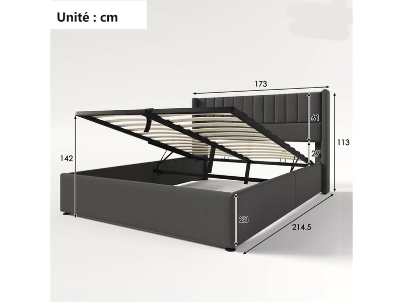  Lit coffre 160x200 cm - lit double capitonné avec sommier - lin bois métal - sans matelas - gris  - Conforama C