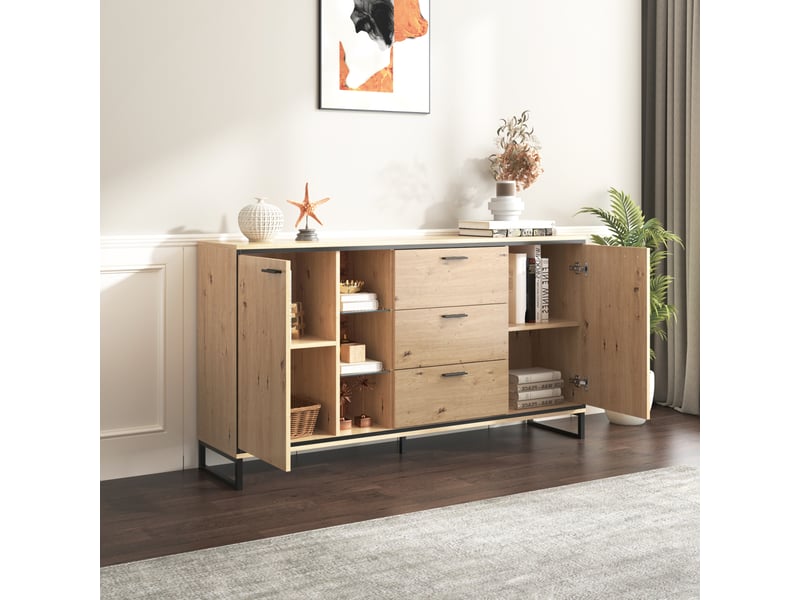 Buffet avec une belle texture et des compartiments de rangement - élégant et pratique, noir et bois - Conforama E