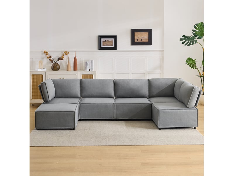  Canapé d'angle modulable convertible 6 places en tissu gris clair, 308 cm, pour salon et couchage d'appoint  - Conforama E
