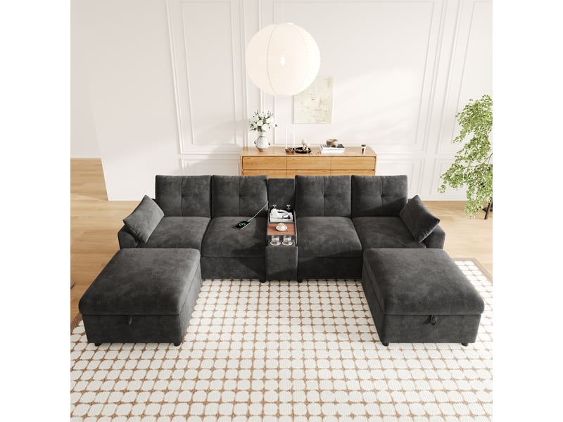  Canapé d'angle panoramique fixe 6 places tissu gris  - Conforama D