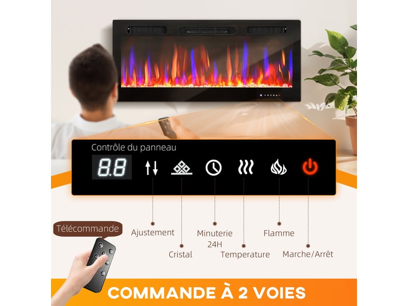  Cheminée électrique mural ou encastrable 900w1800w, effet flamme à 12 couleurs 5 luminosités, 106,7x9,4x47cm, noir  - Conforama E