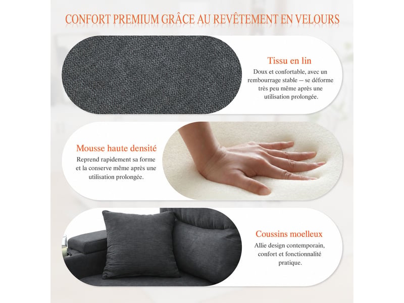 Canapé 4 places gris foncé 272 x 136 x 86 cm, double méridienne avec rangement, couchage, porte-gobelets et usb-c - Conforama B