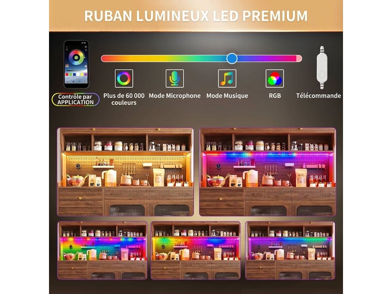  Buffet de cuisine haut noyer 145x39x171 cm avec led et porte relevable, meuble étroit  - Conforama E