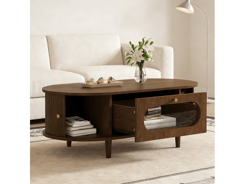  Table basse ovale 100x50x36 cm, table de salon, avec 1 tiroir et portes coulissantes, table d'appoint, en mdf, noyer  - Conforama D