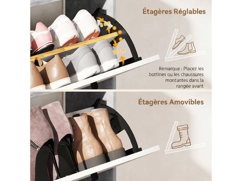  Meuble à chaussures 15 paires, armoire à chaussures moderne avec 2 tiroirs rabattables, blanc et gris, 83x24x90,5cm  - Conforama E