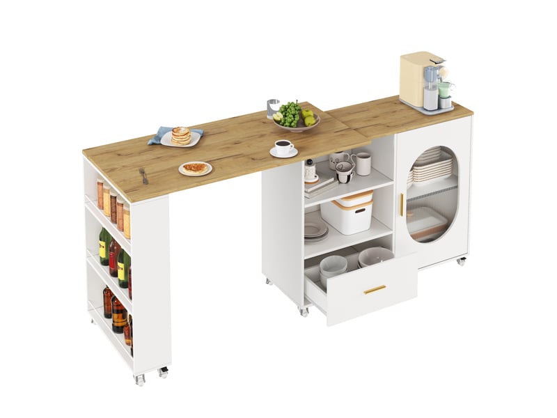  Îlot de cuisine mobile 120-180x60x90 cm plateau rotatif 360° naturel et blanc  - Conforama A