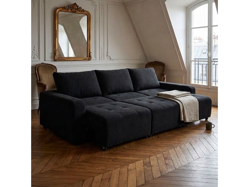 Canapé 3 places convertible et modulable castelo velours côtelé noir Castelo - Conforama E