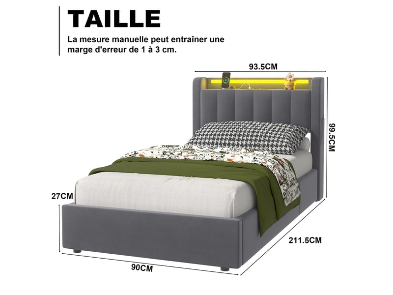  Lit coffre ulevr rembourré 90x190 cm avec éclairage led, ports usb et revêtement en velours  - Conforama C