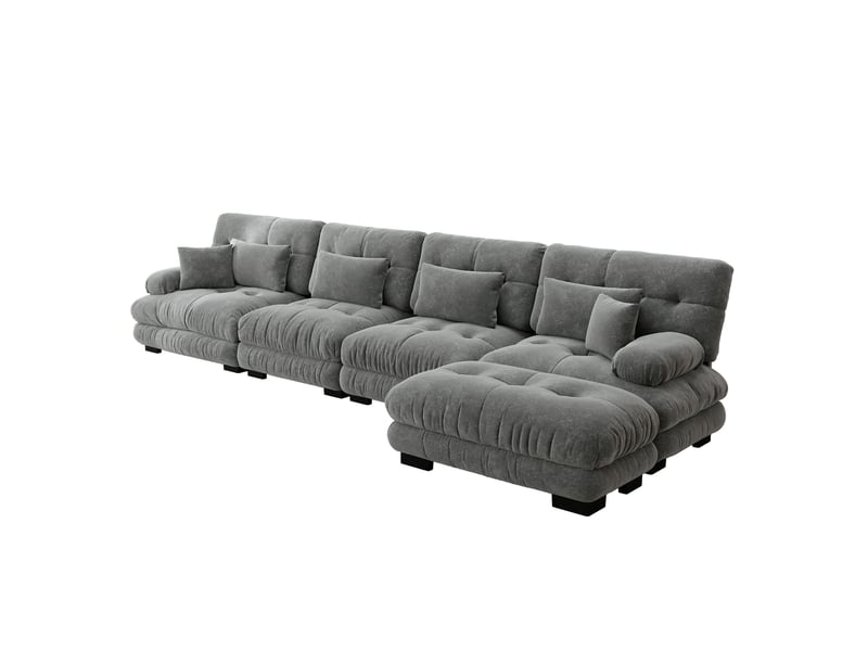  Canapé d'angle modulaire 4 places avec ottoman mobile et assises cloud, pour salon, en chenille gris  - Conforama A