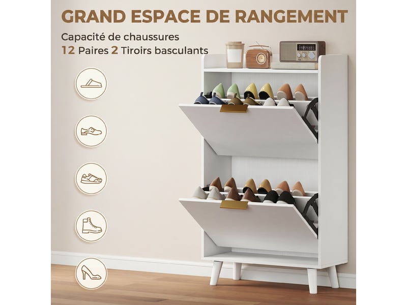 Meuble à chaussures 12 paires, armoire à chaussures étroite avec 2 tiroirs rabattables, étagères réglables, blanc  - Conforama E