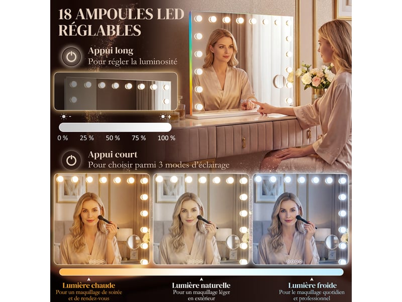  Miroir maquillage hollywood 18 ampoules led, 3 couleurs d'éclairage, lumière rgb, blanc, haut-parleur bluetooth  - Conforama E