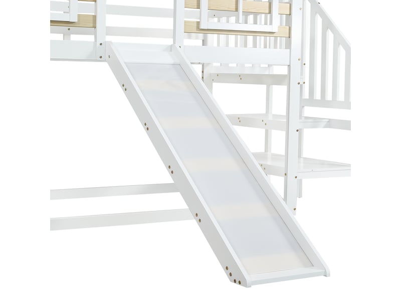  Lit superposé moderne 90x200 cm cabane avec escalier et toboggan, blanc, sans matelas  - Conforama R