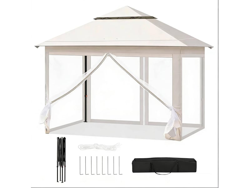 Tonnelle pliante 300 x 300 x 276 cm beige en tissu oxford et acier, double toit ventilé, moustiquaires amovibles - Conforama A