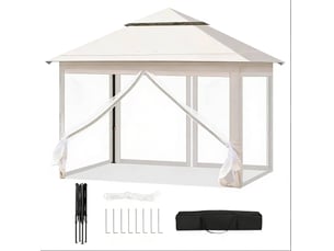 Tonnelle pliante 300 x 300 x 276 cm beige en tissu oxford et acier, double toit ventilé, moustiquaires amovibles