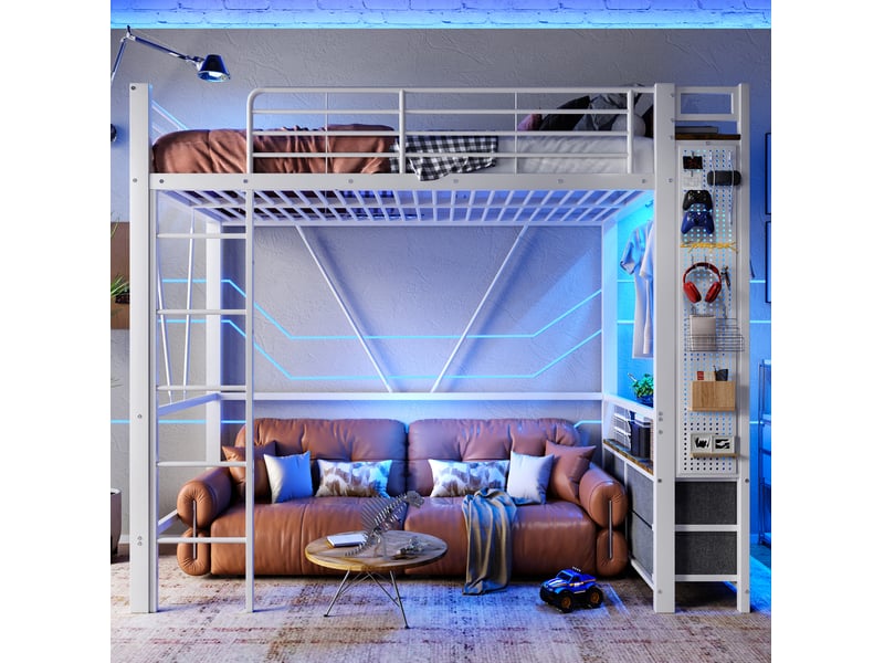  Lit mezzanine 90x200 cm, barre panneau perforé, lumières avec éclairage led multicolores, 4 tiroirs, prise usb et usb-c, métal mdf, blanc sans matelas  - Conforama E
