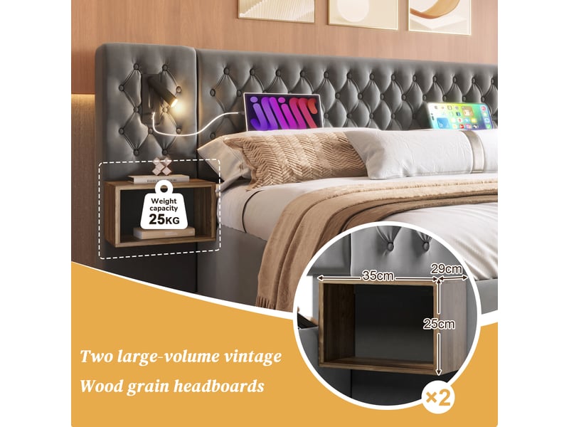  Lit coffre,160x200 cm,avec rangement et liseuses usb,velours,gris  - Conforama E