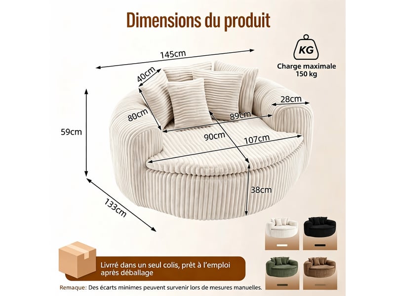  Pouf lounge côtelé en velours côtelé beige avec assise profonde et 5 coussins pour... IKSETERA TRADING LTD - Conforama C