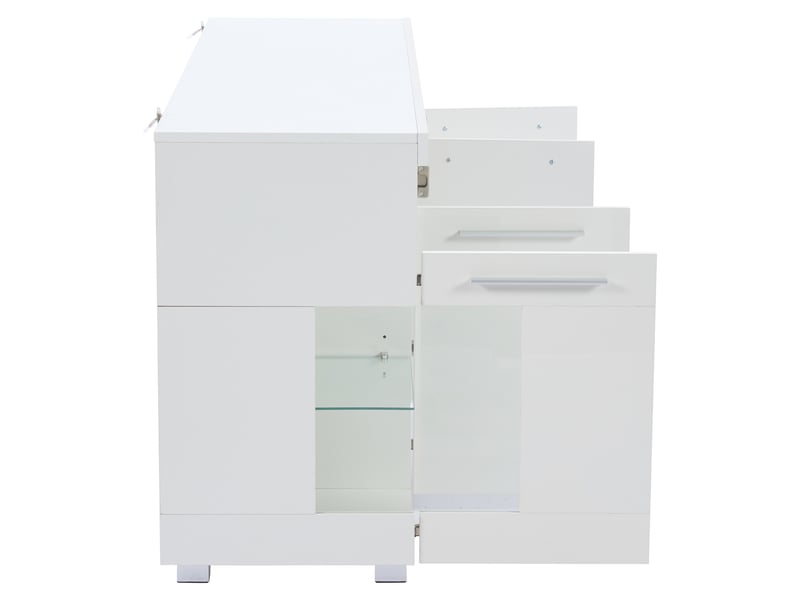  Buffet bas 140 x 40 x 70 cm brillant avec éclairage led multicolore, portes en verre trempé, 3 tiroirs en mdf, blanc  - Conforama D
