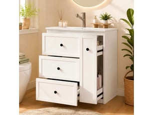 Meuble salle de bain sur pied 76 cm avec lavabo en céramique intégré et 4 tiroirs blanc
