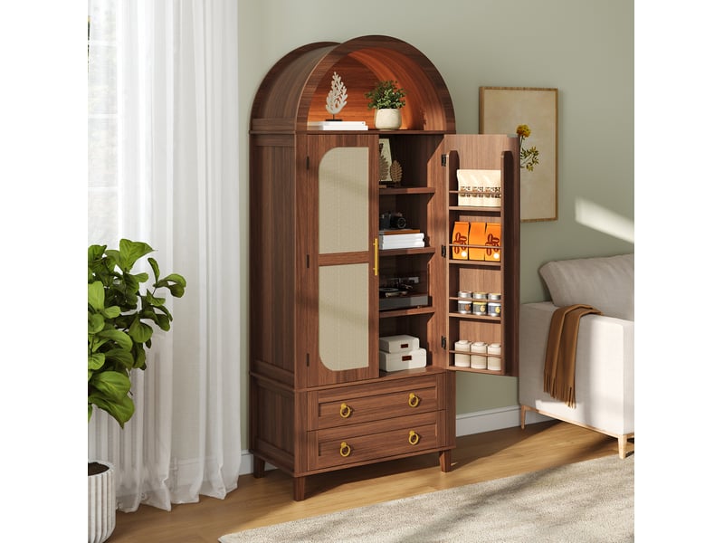 Buffet 76x40x179,5 cm à led avec 2 portes et 2 tiroirs coloris noyer - Conforama E