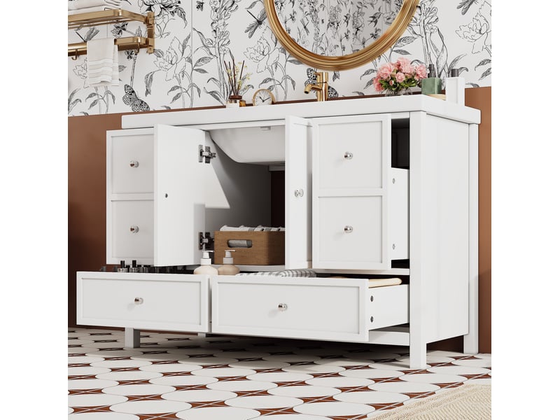  Meuble vasque de salle de bain 120x50x86.5 cm blanc avec 4 tiroirs et 2 portes  - Conforama D