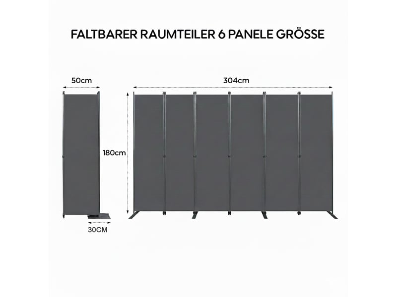Paravent séparateur 6 panneaux 304x180 cm – gris foncé – pliable pour intimité intérieure et rangement - Conforama C