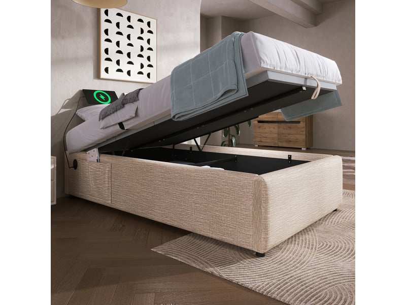  Lit coffre 90x200 cm - lit simple avec coffre de rangement et usb-c, structure métal et lin, beige, sans tête de lit  - Conforama E