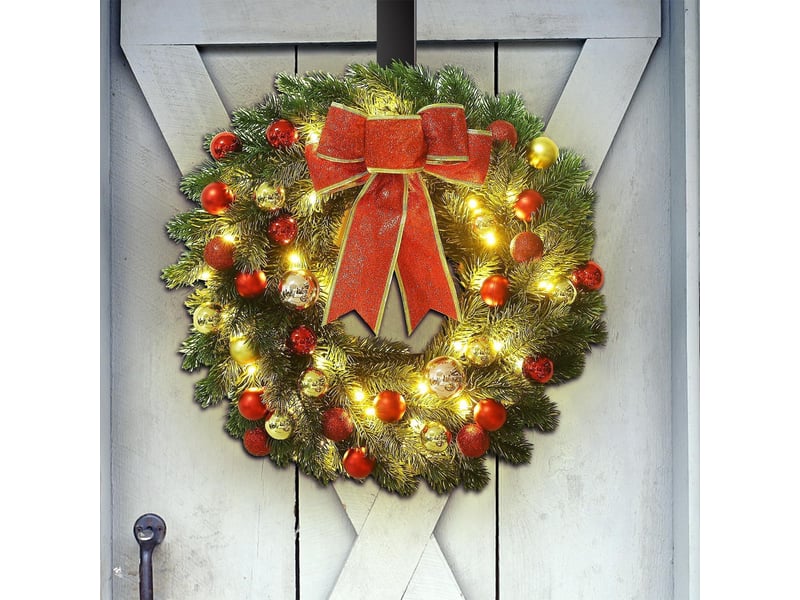  Couronne de noël lumineuse 50 cm, guirlande pré-éclairée à led avec boules de noël, décoration de porte  - Conforama B