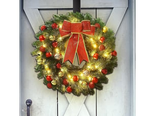 Couronne de noël lumineuse 50 cm, guirlande pré-éclairée à led avec boules de noël, décoration de porte
