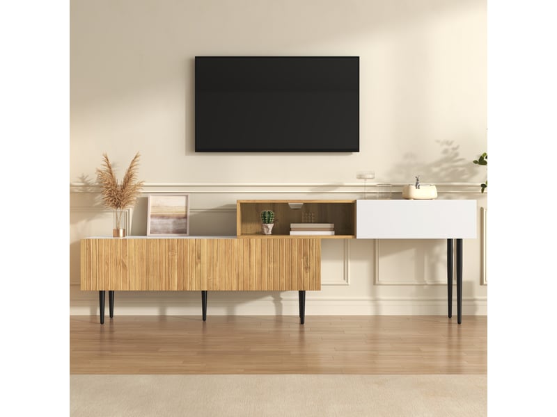  Meuble tv moderne modulable 2 pièces, longueur réglable, effet bois et blanc mat, pieds en métal noir, polyvalent  - Conforama B