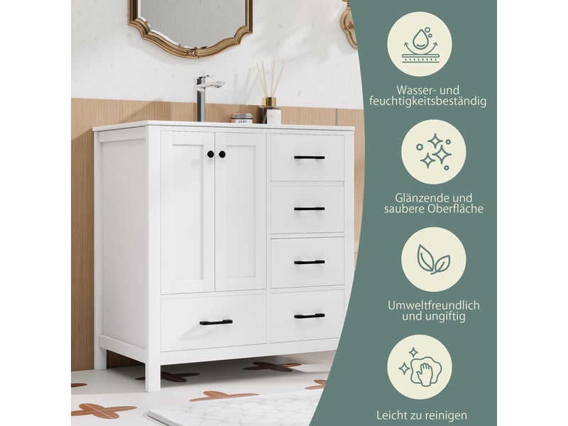  Meuble sous-vasque avec vasque céramique 4 tiroirs 2 portes blanc 76x46,3x82,3 cm NK000021AAK - Conforama E