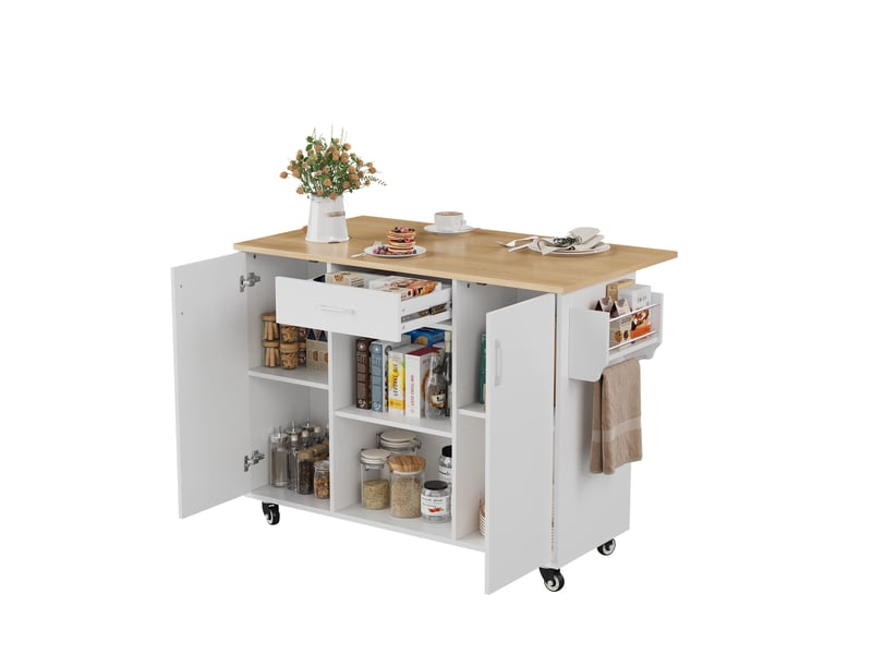  Îlot de cuisine sur roulettes 120cm, desserte avec plateau rabattable, tiroir et placard, blanc et chêne  - Conforama A