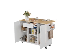 Îlot de cuisine sur roulettes 120cm, desserte avec plateau rabattable, tiroir et placard, blanc et chêne