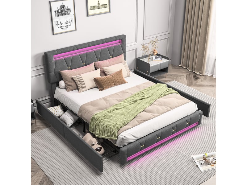  Lit double rembourré - 140x200 cm gris - led rvb variable - 4 tiroirs - tissu en lin - meuble de chambre moderne et confortable avec rangement  - Conforama E