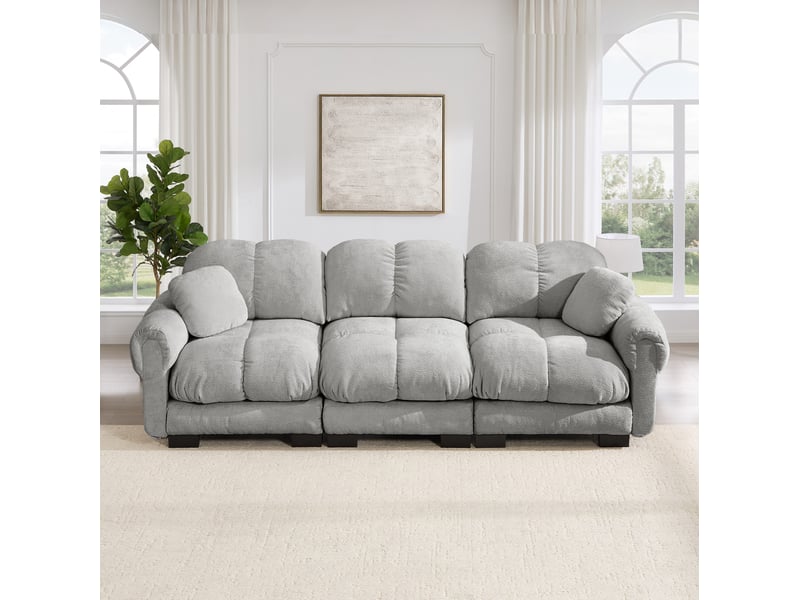  Canapé 3 places modenvie modulaire en chenille gris clair, 260 x 86 x 90 cm, avec 2 coussins décoratifs  - Conforama B