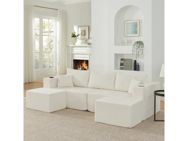 Canapé d’angle modulable 3 places 230 cm avec 2 poufs, tissu côtelé, porte-gobelets, poches latérales, montage facile, beige - Conforama B