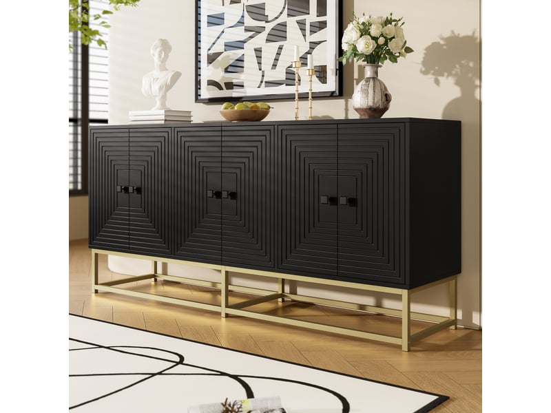 Buffet noir mat 160x38x75.5 cm meuble de rangement salon avec 3 portes et structure stable - Conforama W
