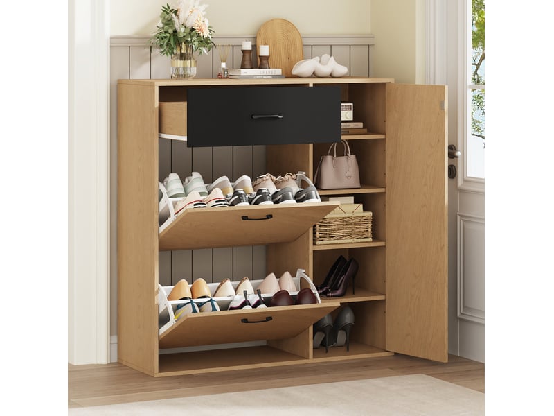  Meuble à chaussures 100x35x106 cm 1 tiroir 2 abattants mdf et panneau de particules naturel et noir  - Conforama E