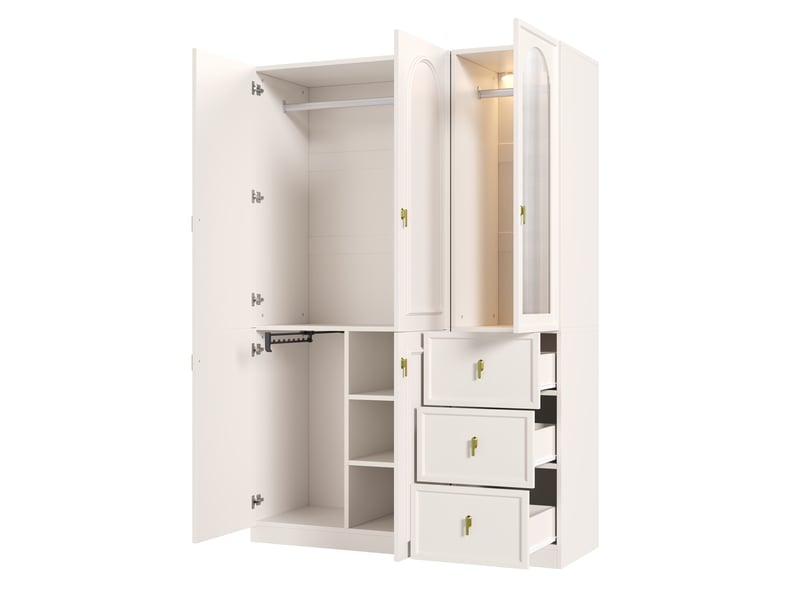  Armoire chambre 135x48x200 cm, grand meuble de rangement en mdf, en verre cannelé avec éclairage led, 5 portes et 3 tiroirs, blanc  - Conforama D
