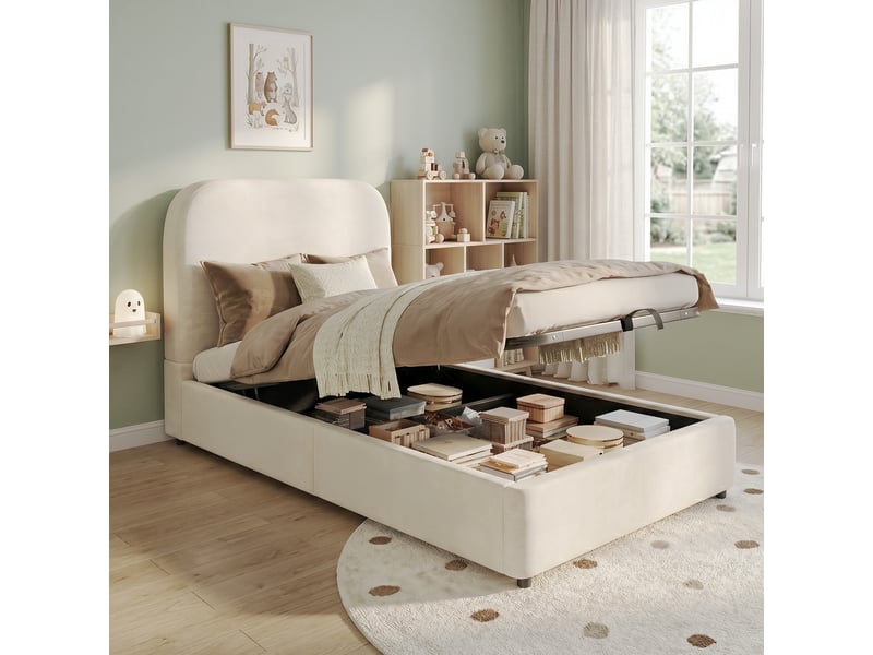 Lit coffre 90x190 velours beige, lit enfant avec rangement, lit simple capitonné avec sommier à lattes, lit hydraulique 1 place - Conforama W