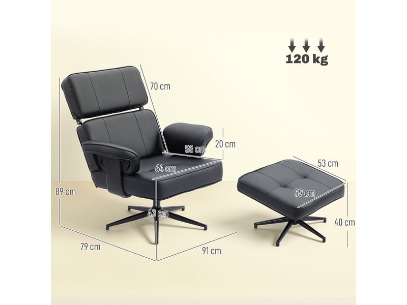  Fauteuil inclinable réglable avec repose-pieds, revêtement en similicuir, appui-tête réglable en hauteur, base en métal, noir  - Conforama E