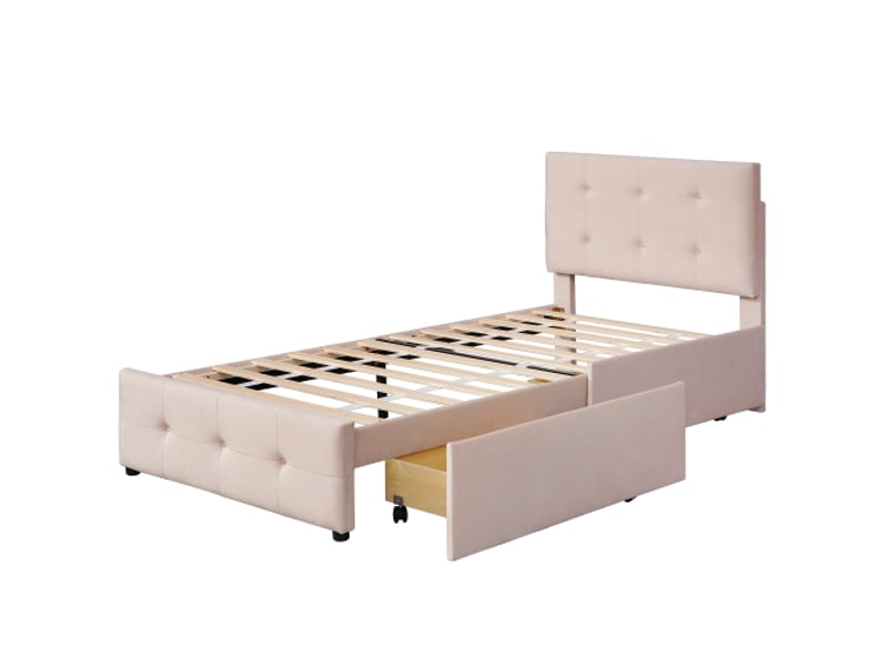  Lit enfant 90x200 cm, avec tiroir, avec tête de lit et lattes, en tissu, beige, sans matelas  - Conforama E