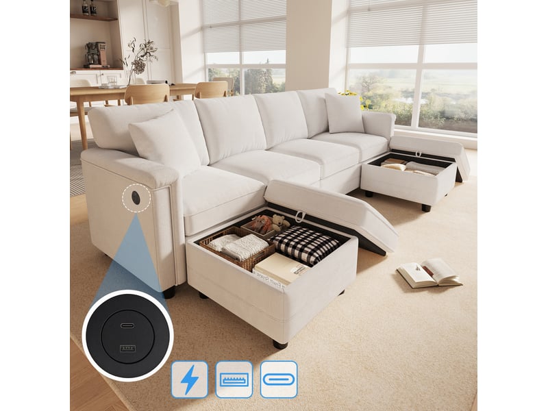 Canapé modulaire convertible en l ou u avec 2 poufs de rangement et ports usb, en chenille beige, 261 × 134 × 82 cm - Conforama E