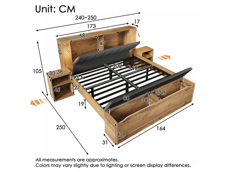  Lit double 160 x 200 cm coloris chêne avec chevets, banc de lit et lampes usb  - Conforama E