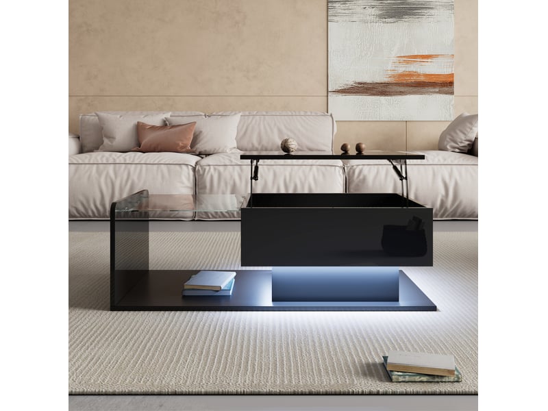  Table basse ulevr relevable 100 x 50 cm avec rangement, plateau en verre trempé, led contrôlée par application, noir brillant  - Conforama E