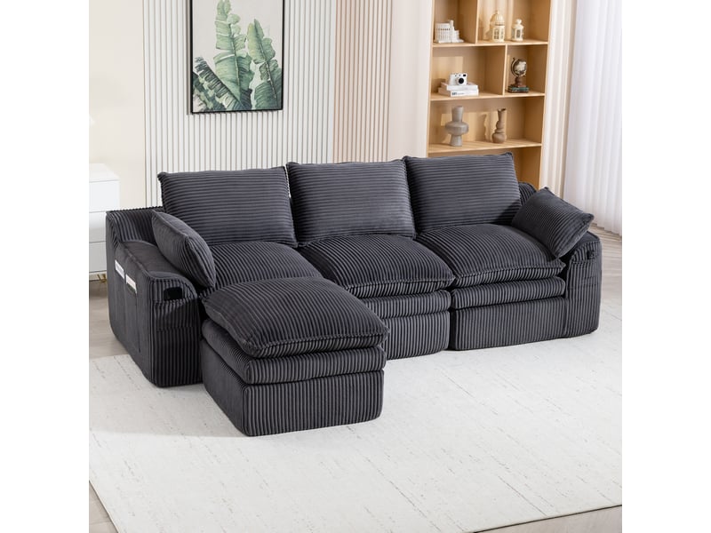  Canapé modulable 3 pl 263x167x85 cm, pouf, coussins, poches de rangement latérales, adapté au salon, chambre, velours côtelé, gris foncé  - Conforama B