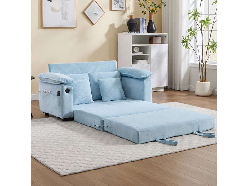 Canapé convertible bleu 2 places en tissu chenille, canapé futon convertible en lit pliable, 135 x 66 x 80 cm, avec poches latérales - Conforama W